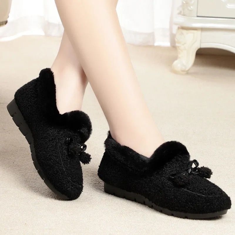 2023 Autumn and Winter Cotton Shoes Women's Winter Fluffy Shoes Soft Bottom Warm Keeping Flat Loafers All-Matching Women's Shoes One Piece Dropshipping