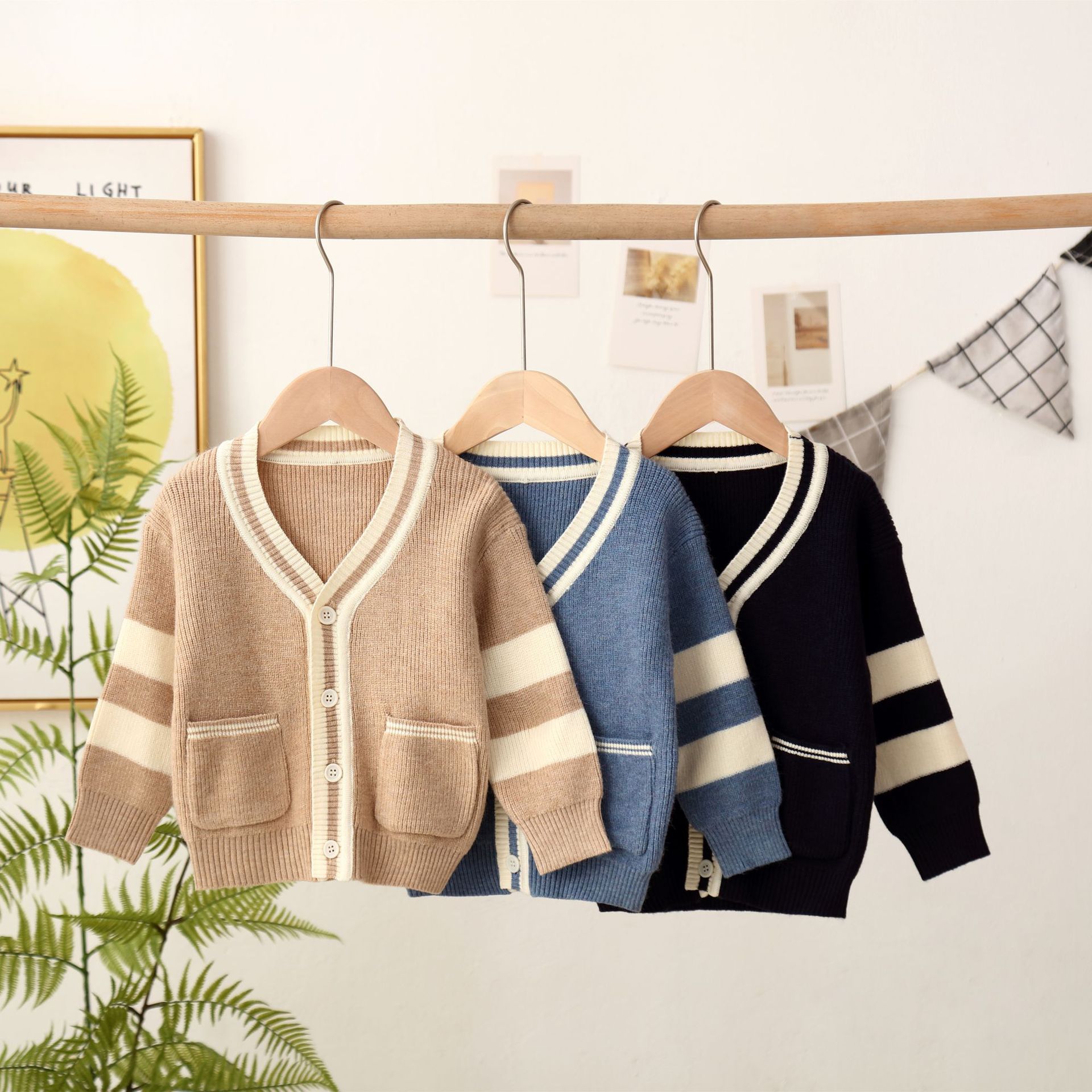 秋冬新款男童韩版复古条纹口袋毛衣开衫儿童休闲百搭外套针织上衣