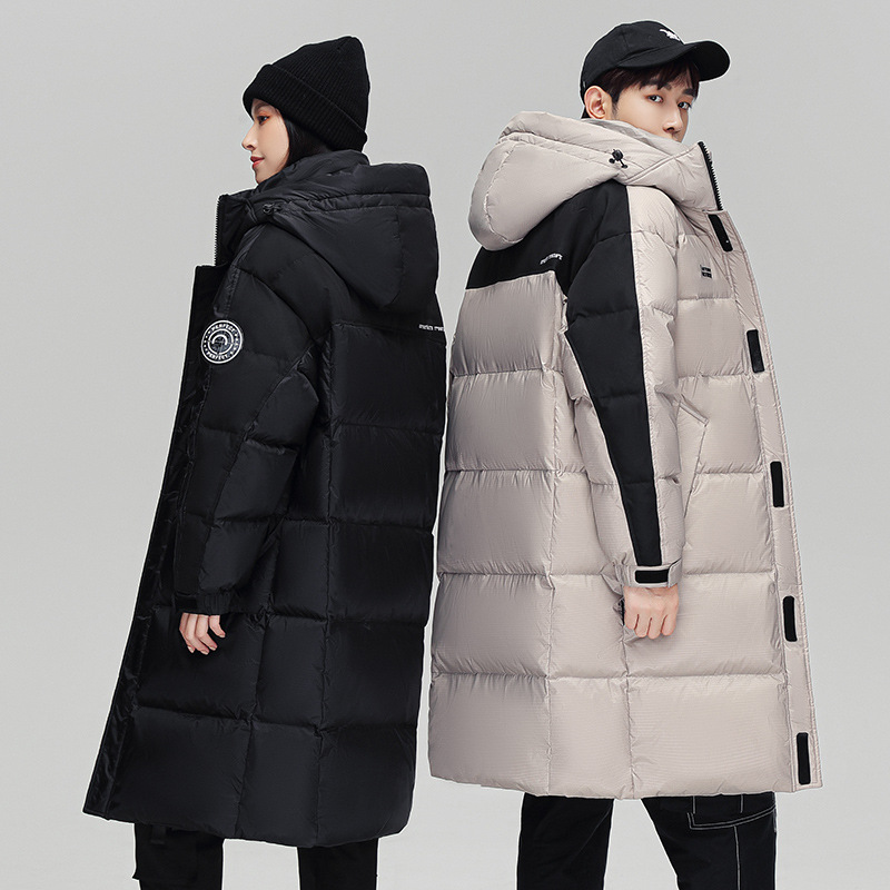 Fashion Brand Contrast Color Long down Jacket Men's and Women's over-the-Knee Couple Wear New National Standard 90 Duck down Thickened Hooded Jacket