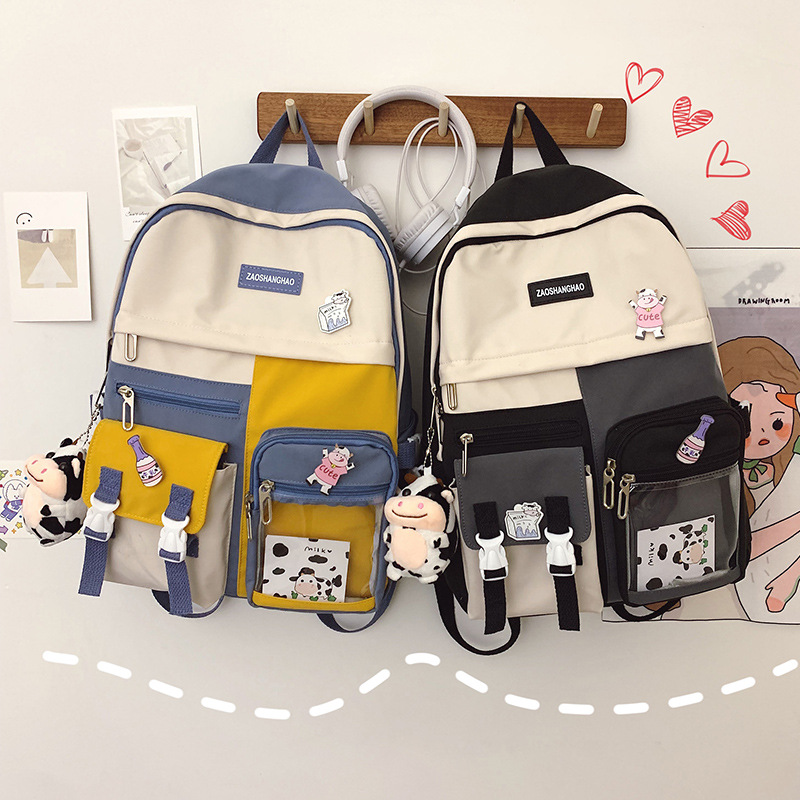 Japanese Ulzzang College Backpack Simple Cute Cartoon Soft Girl Transparent Backpack Contrast Color Schoolbag Women