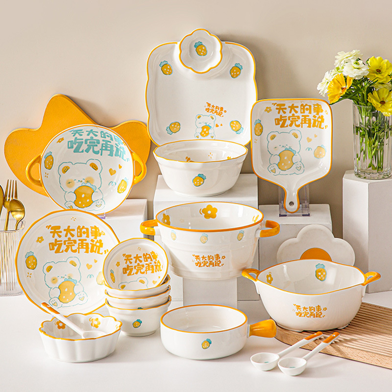 INS Net Red High-Looking Foodie Bear Cartoon Ceramic Household Rice Bowl Noodle Bowl Dish Plate Cute Tableware set 