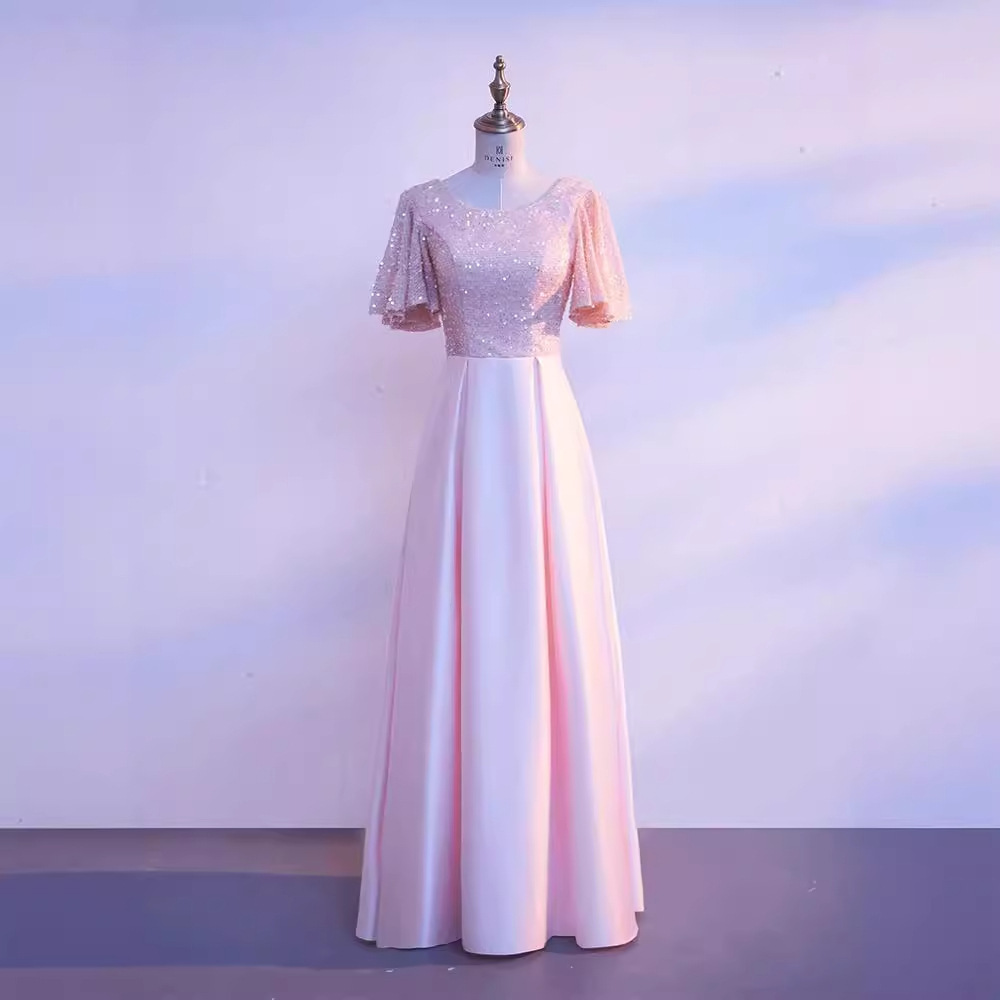 合唱团演出服2024新款粉色亮片气质晚礼服长裙艺考主持人宴会礼服