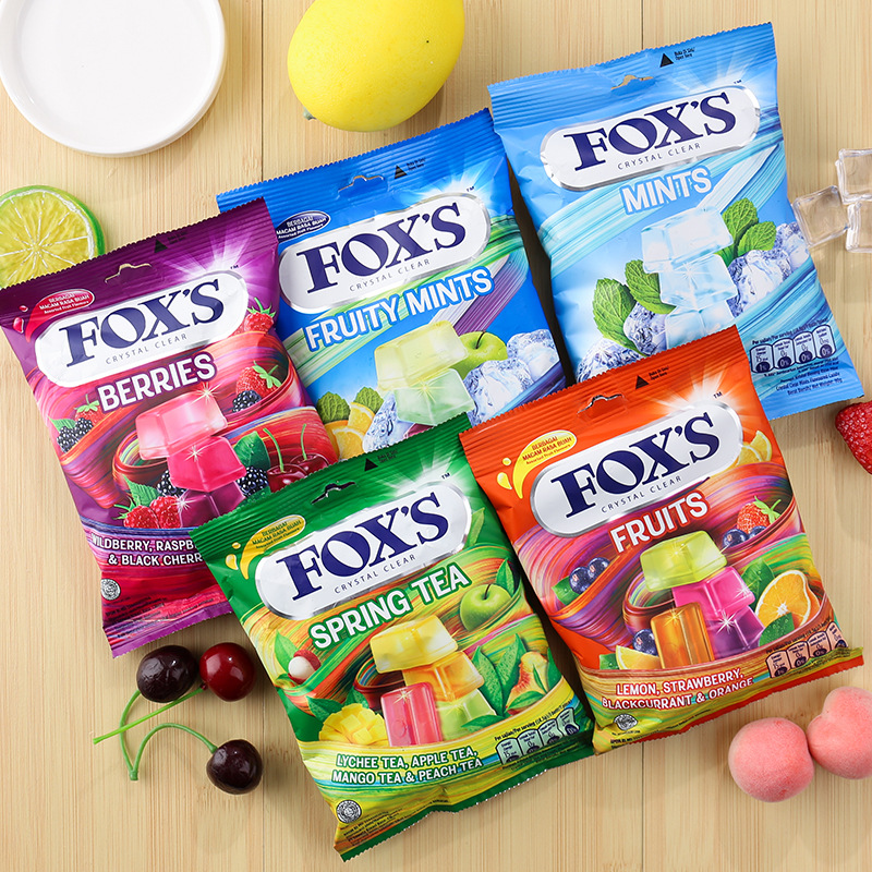 印尼进口零食FOXS霍士水晶糖什锦水果糖送礼四季茶味方块硬糖袋装