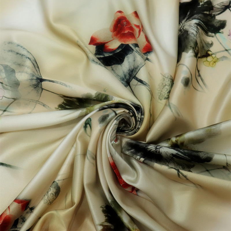 21年新款旗袍真丝面料数码喷绘印花桑蚕丝19姆米弹力缎荷花丝绸布