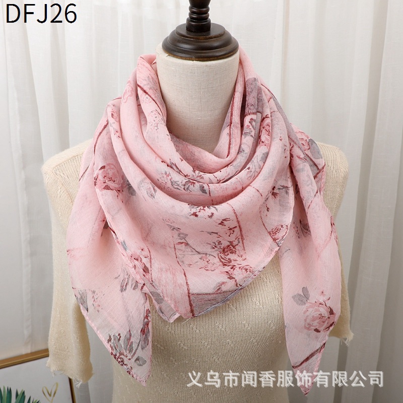 Spring, Autumn and Winter Thin Cotton and Linen Square Scarf 90x90 Printed Scarf Sun Block and Dustproof Headcloth Hui Ethnic Style Veil