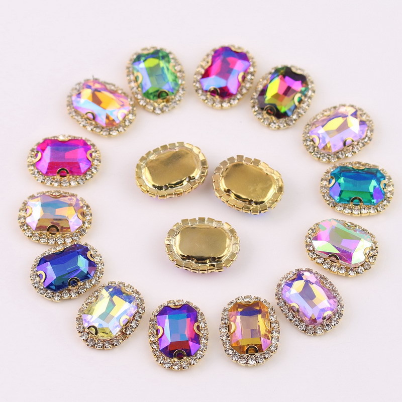 Rectangular Octagonal Glass AB Colorful Crystals Buckle Claw Chain Surrounding Border Four Holes Hand Sewing Drill Decorative Diamond DIY Clothing Accessories Wholesale