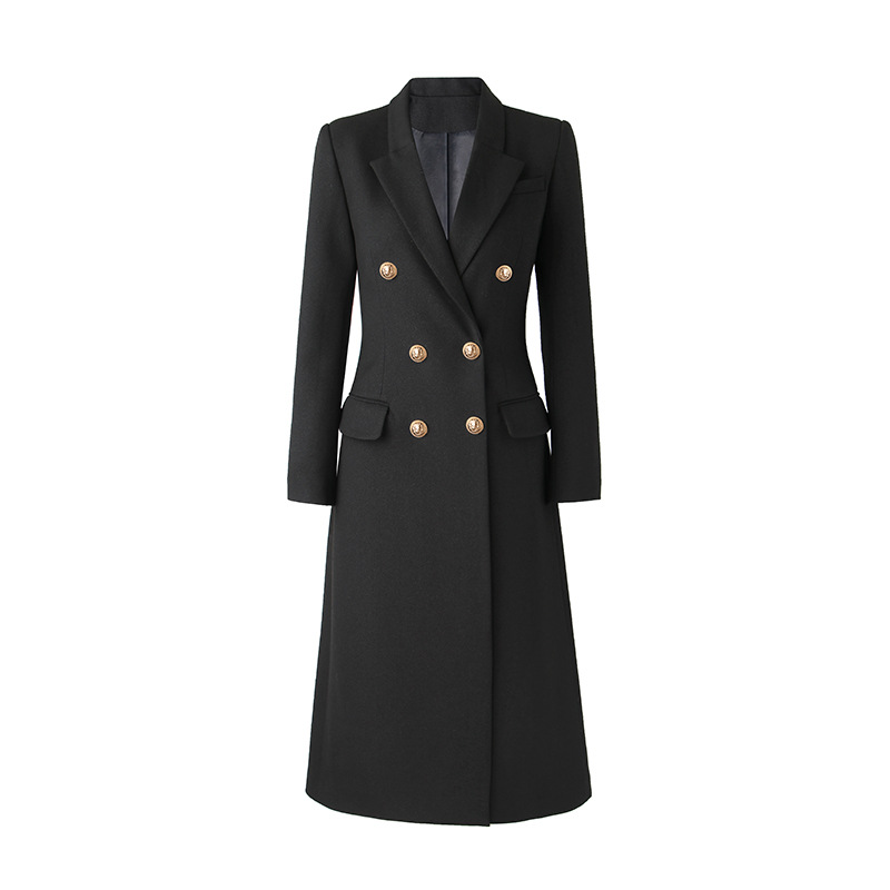 2021秋冬上新黑色长款西装气质修身双排扣大衣
