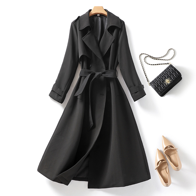 双排扣长款风衣2024年秋季新款长袖翻领高腰配腰带双排扣风衣8272