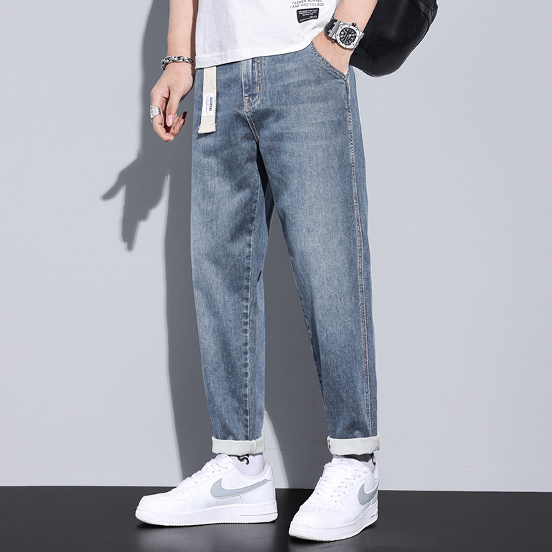 New Jeans Men's Summer Loose Straight Thin Casual Trousers Trendy Versatile Micro Elastic Cropped Pants Men