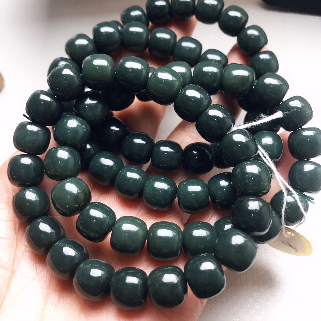 天然和田玉老型珠手链 和田墨玉 绿色手链