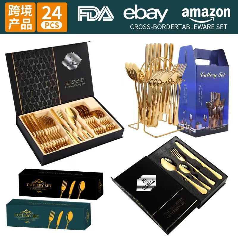 american amazon stainless steel tableware 24 pieces suit knife， fork and spoon western food/steak knife and fork gift box tableware suit