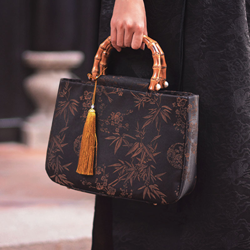 跨境热销香云纱竹节包 原创复古中国风真丝女包竹柄手拎包旗袍包