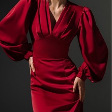 2023春季法式礼服裙鱼尾连衣裙高级感缎面灯笼袖红色女气质中长款