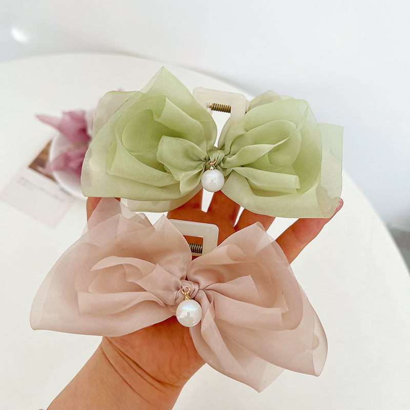 Internet Celebrity Same Mesh Fabric Bow Claw Clip Sweet Super Fairy Back Head Shark Clip All-Match out Hair Accessories for Women