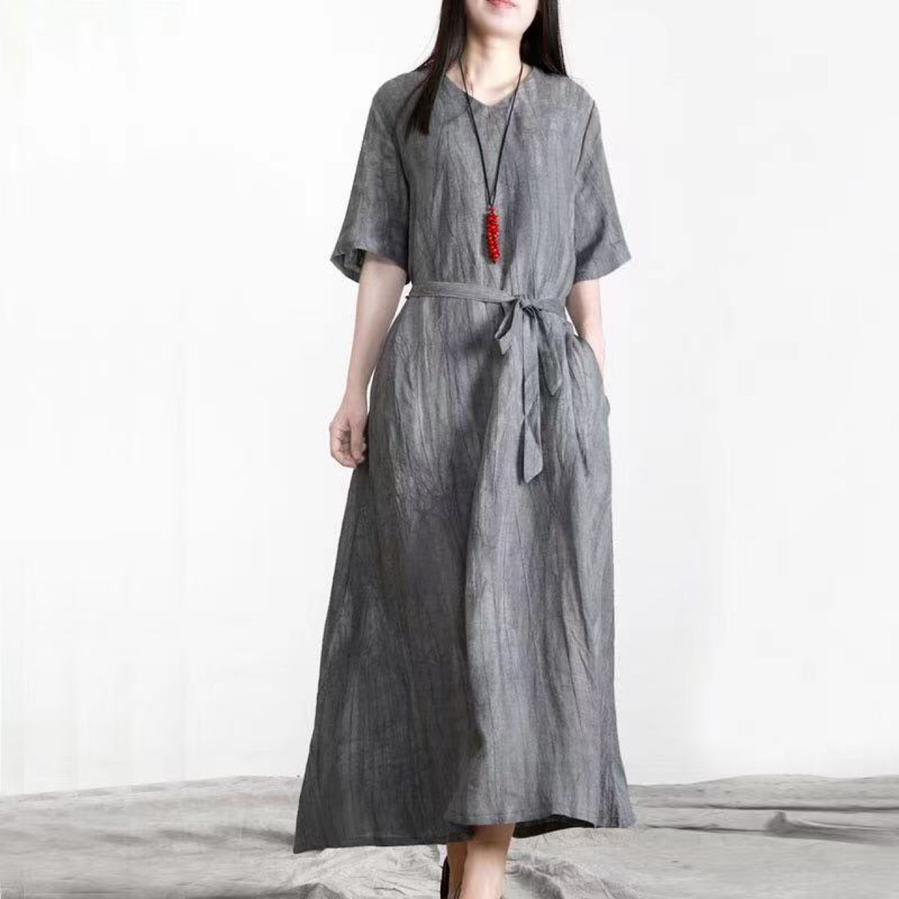 不退换国风复古长裙灰色亚麻套头麻棉宽松腰纯色扎染连衣裙女装