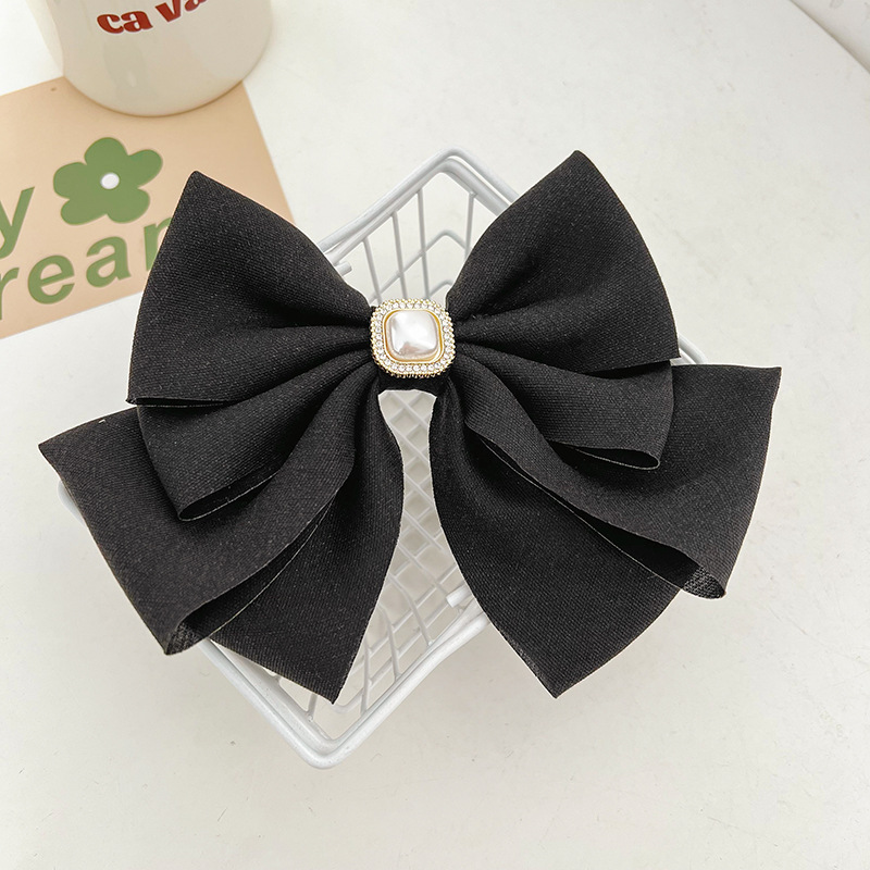 Temperament Wild Satin Fabric Big Bow Pearl Barrettes Korean Internet Celebrity Back Head Spring Clip Hairpin E290