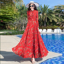 夏长袖雪纺连衣裙修身新款红色大摆长款碎花显瘦长裙海边度假