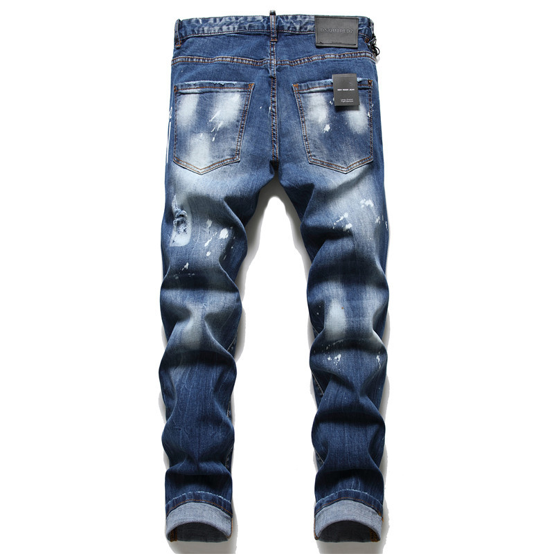 2021 New DSQ Two-Dimensional Slim Jeans Foreign Trade Button Icon Elastic Damage Hip Hop Style European and American