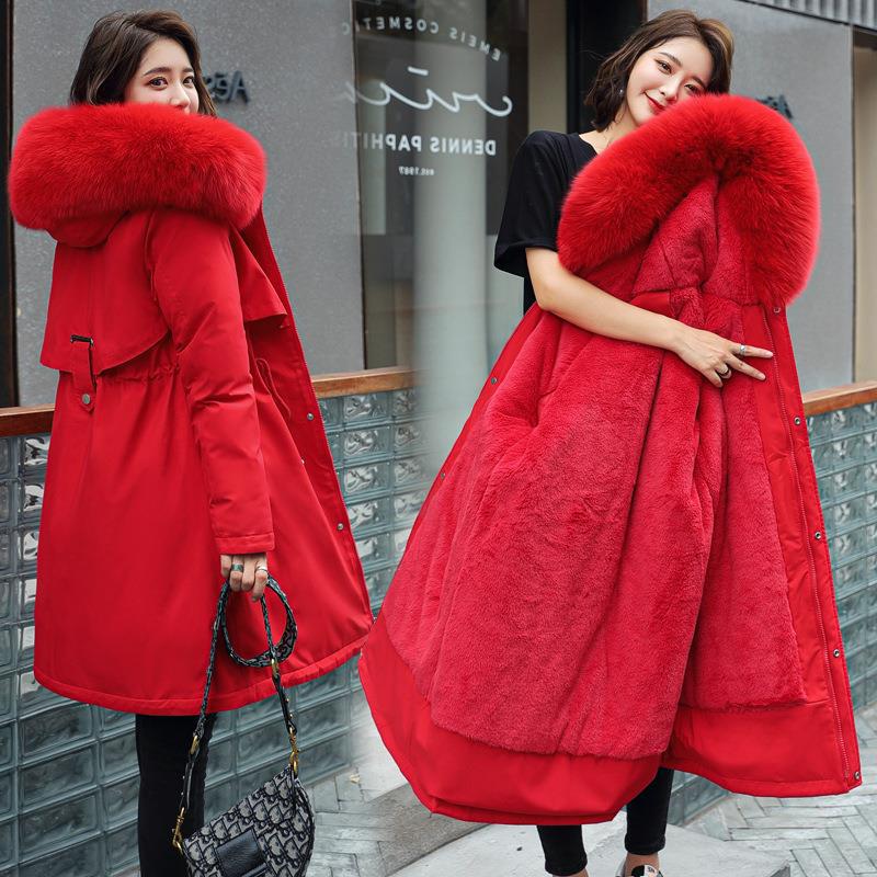 Winter New down Cotton Jacket Women's Mid-Length Korean Style Cinched plus Size Cotton Coat Jacket Thick Parka Cotton-Padded Coat Fleece-Lined