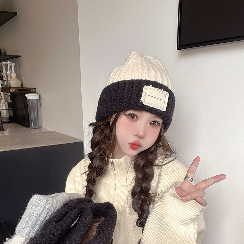 Knitted Hat Women's Autumn and Winter Warm Hat Korean Style Versatile Fashion Sticker Cloth Label Cold-Proof Woolen Cap 2023 New