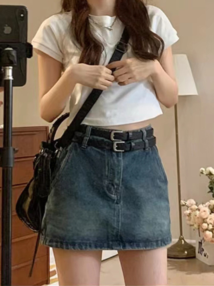 双皮带牛仔裙夏季新款大码微胖女孩穿搭高腰显瘦美式百搭包臀短裙
