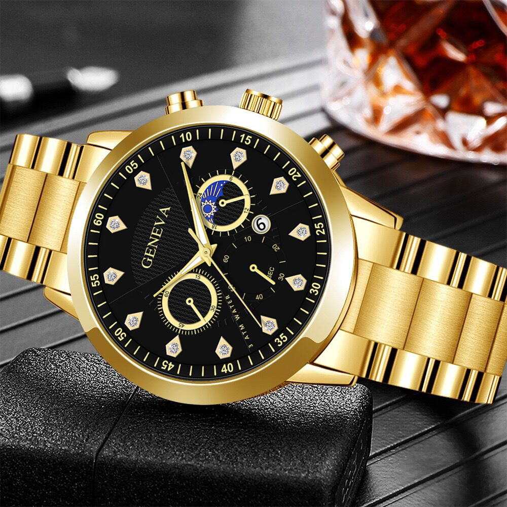 geneva时尚日月星辰镶钻男士钢带手表假三眼日历石英腕表男款代发