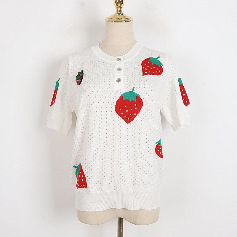 草莓提花冰丝针织开衫防晒衫夏季新品休闲镂空圆领短袖上衣批发