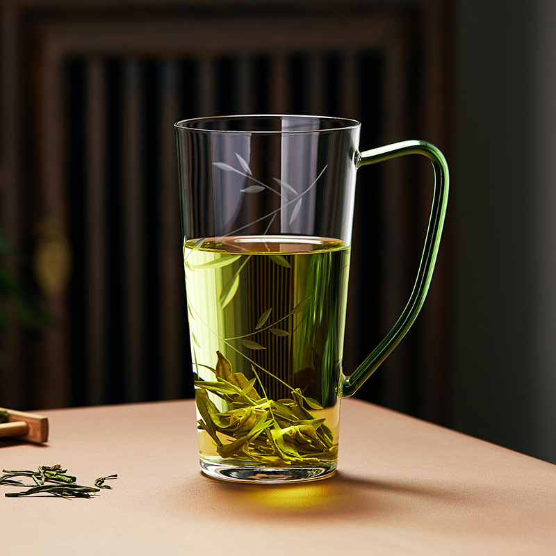 伙拼高档绿茶杯刻花透明玻璃杯带把泡茶杯办公室喝水杯子个人专用