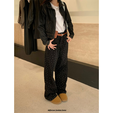 [潮牌淘社]黑色波点印花设计感牛仔裤女 2024春季ins复古阔腿裤女