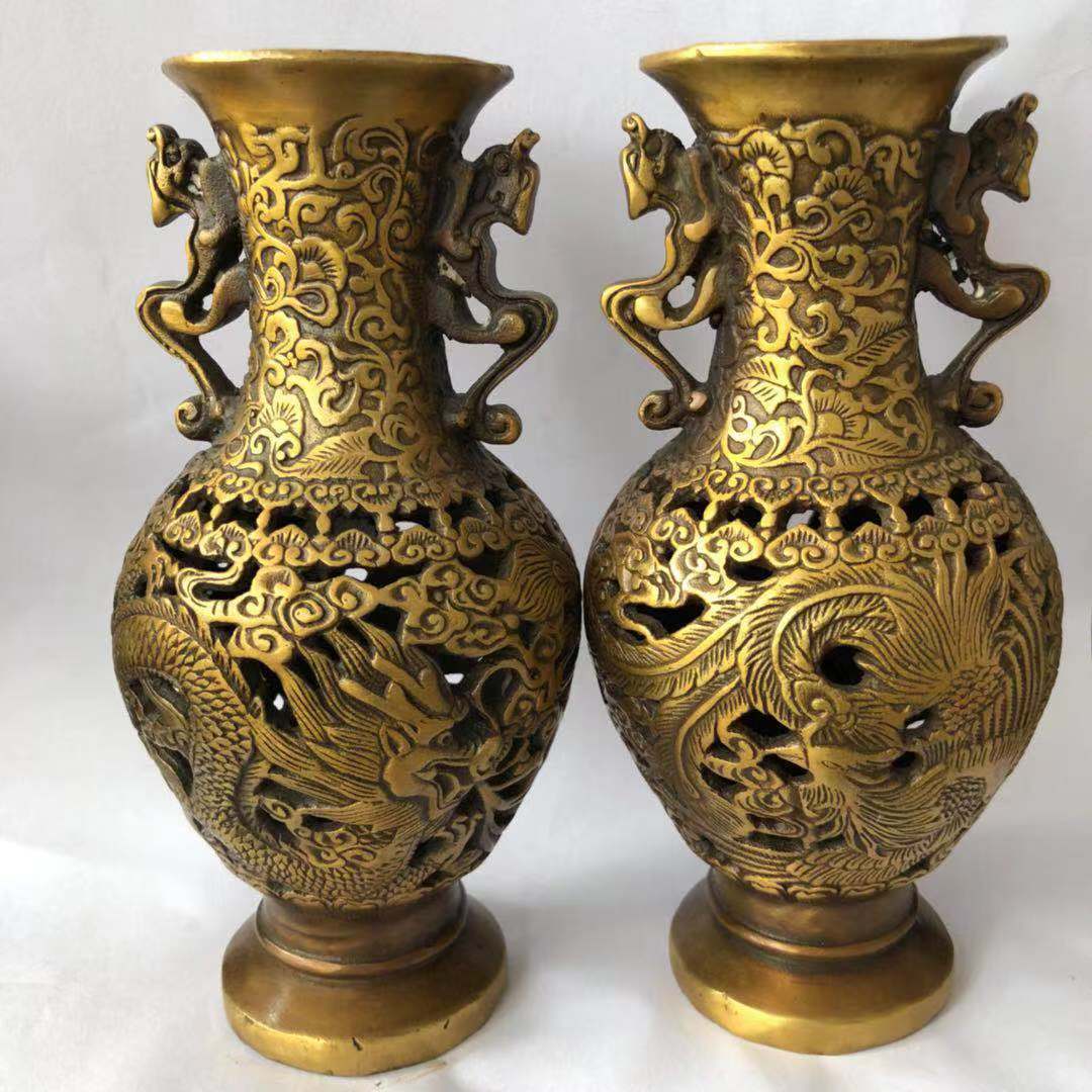 古玩古董收藏 大清乾隆年制镂空龙凤花瓶 家居摆件铜花瓶特价包邮