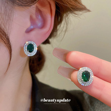 银针祖母绿锆石耳环几何椭圆设计耳钉简约高级感气质耳饰新款批发
