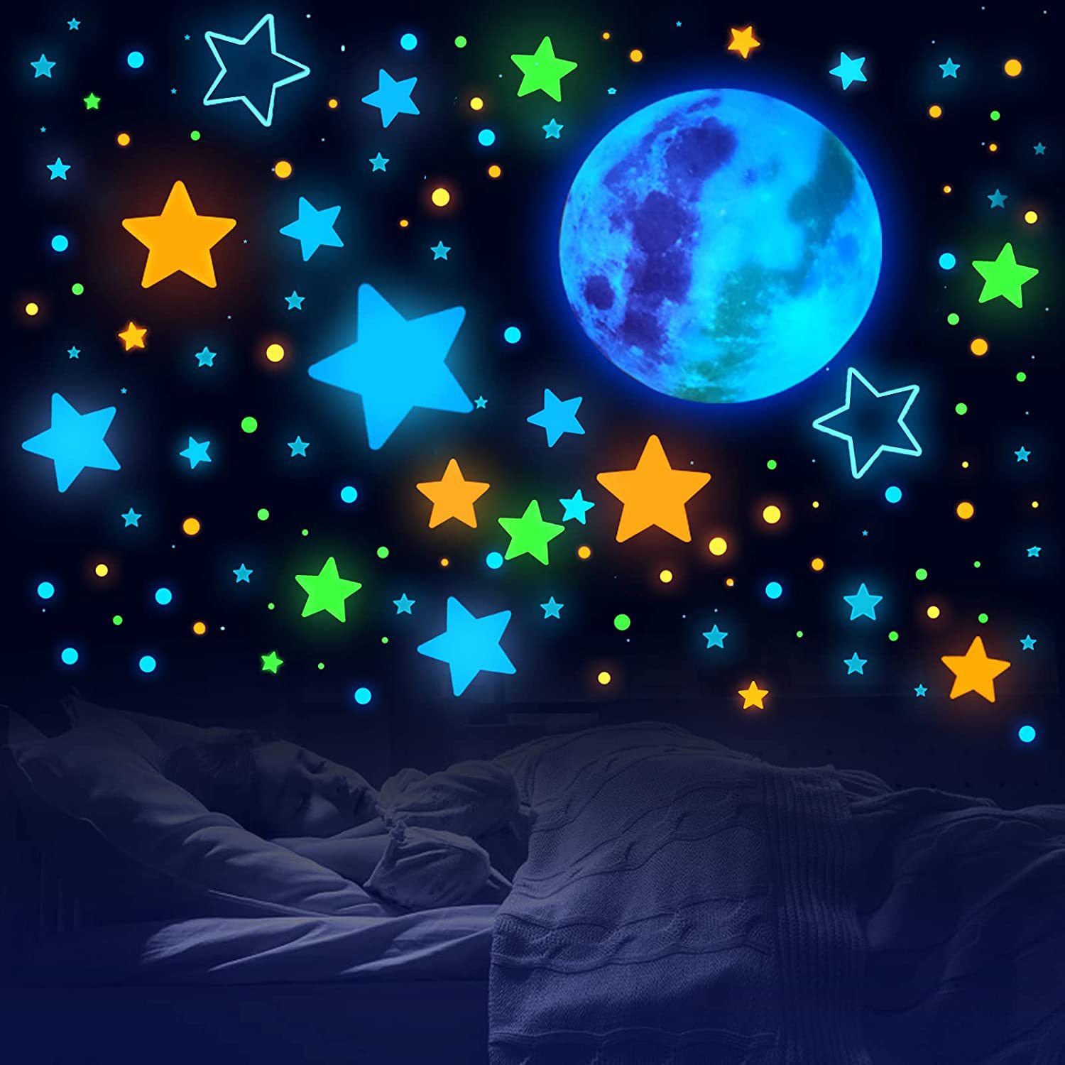 粉蓝绿光夜光月球星星月亮墙贴天花板夜光儿童墙壁儿童房卧室客厅