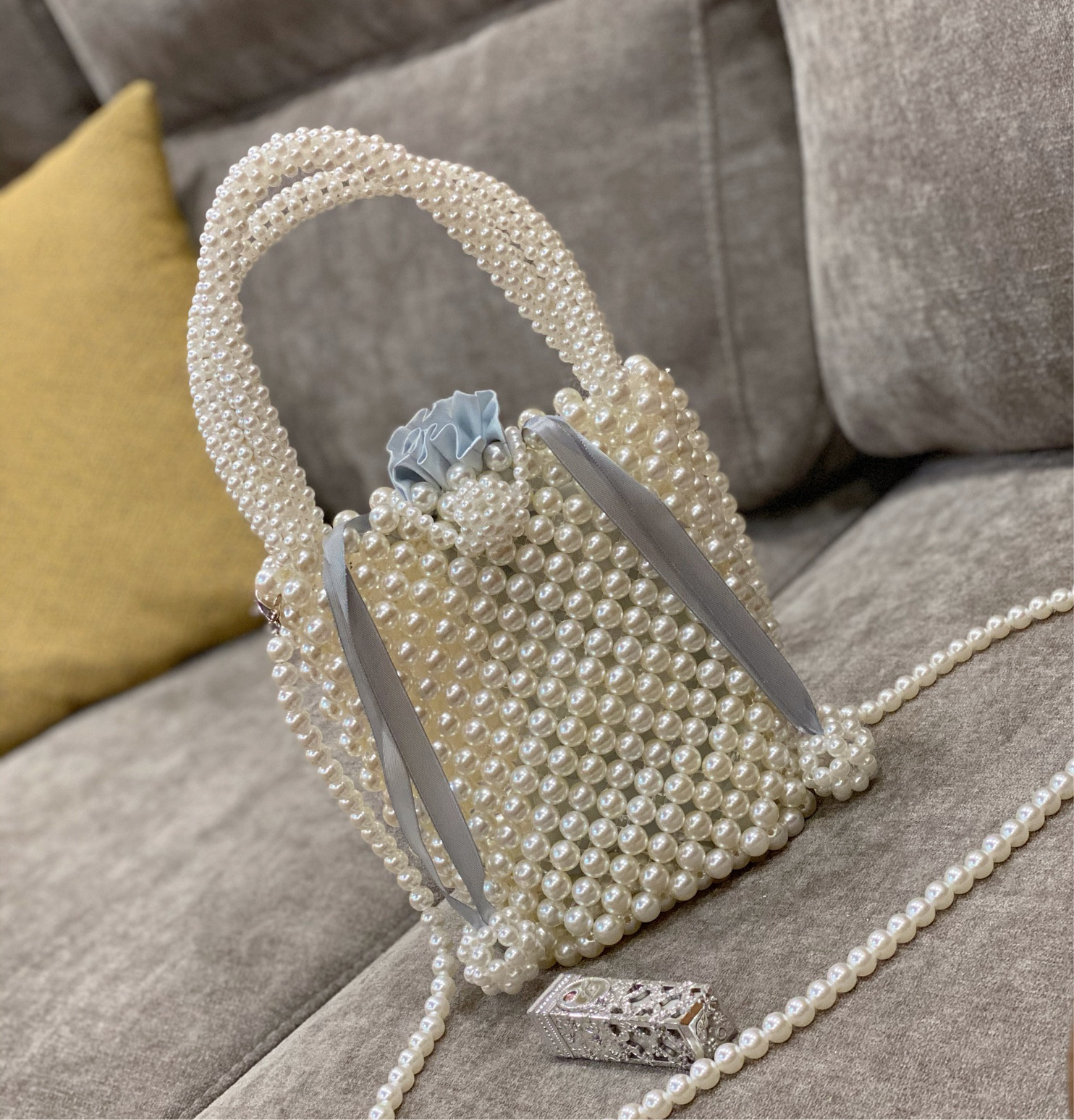 珍珠包包女小斜挎包编织包网红ins复古手工串珠包百搭迷你链条包