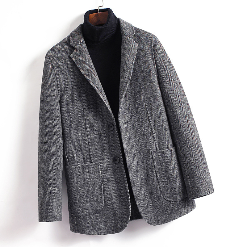 春秋新款中青年休闲男士羊毛双面呢大衣短款单西西装领呢子外套