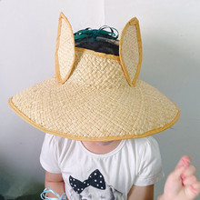 2024儿童防晒空顶帽可爱兔耳朵遮阳帽女童甜美蝴蝶结系带拉菲草帽