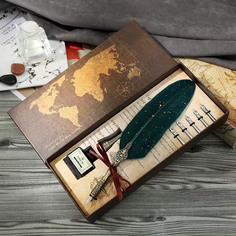 Retro European Feather Water Pen Pen Gift Box High-End Enterprise Advertising Gift Pen Carved Base Map Set Box