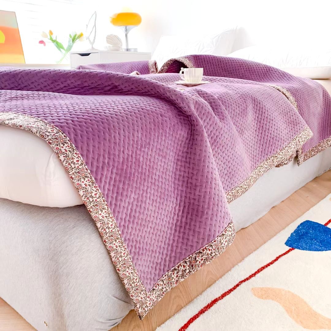 冬季牛奶绒床盖单件双面两用水晶绒夹棉床单宝宝绒刺绣薄毯子保暖