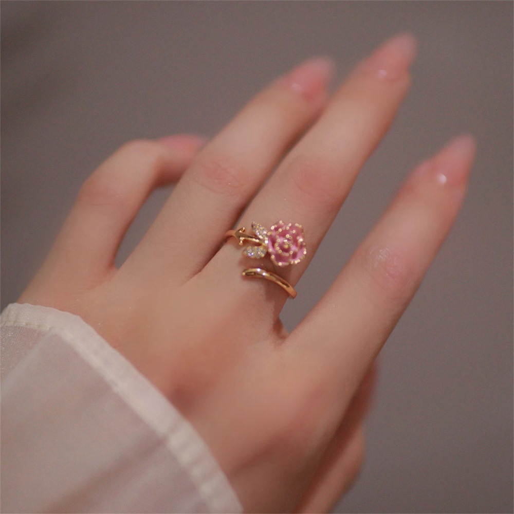 法式复古珐琅粉色玫瑰蔷薇花戒指女高级轻奢指环开口可调节食指戒