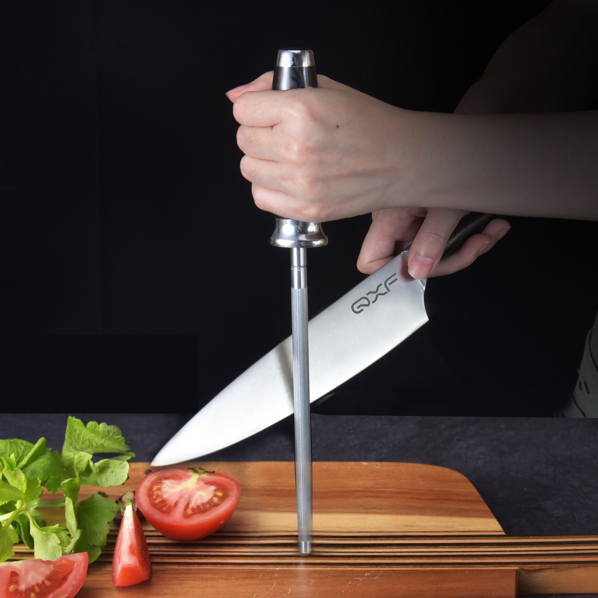 巧媳妇外贸新品彩木手柄厨师刀两件套8寸厨师刀及磨刀棒套装