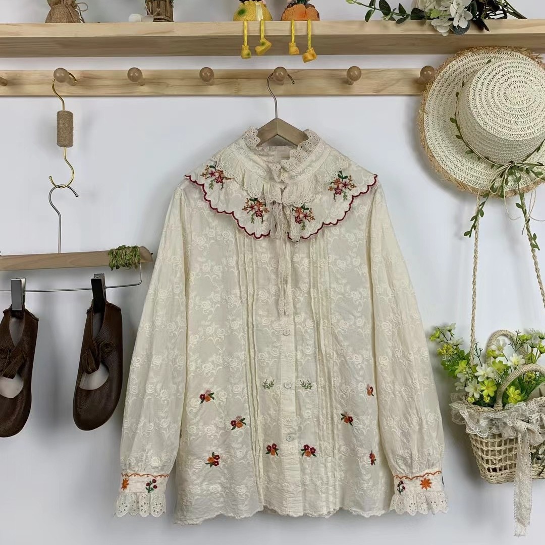 森系减龄甜美风重工刺绣立领花边衬衫女洋气显瘦衬衣823-529评价订购