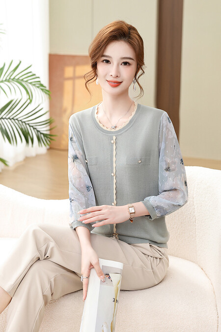 Mom's round Neck Yarn Sleeve Bottoming Shirt Spring and Summer New Western Style Knitted Top for Middle-Aged and Elderly Women Loose Thin T-shirt