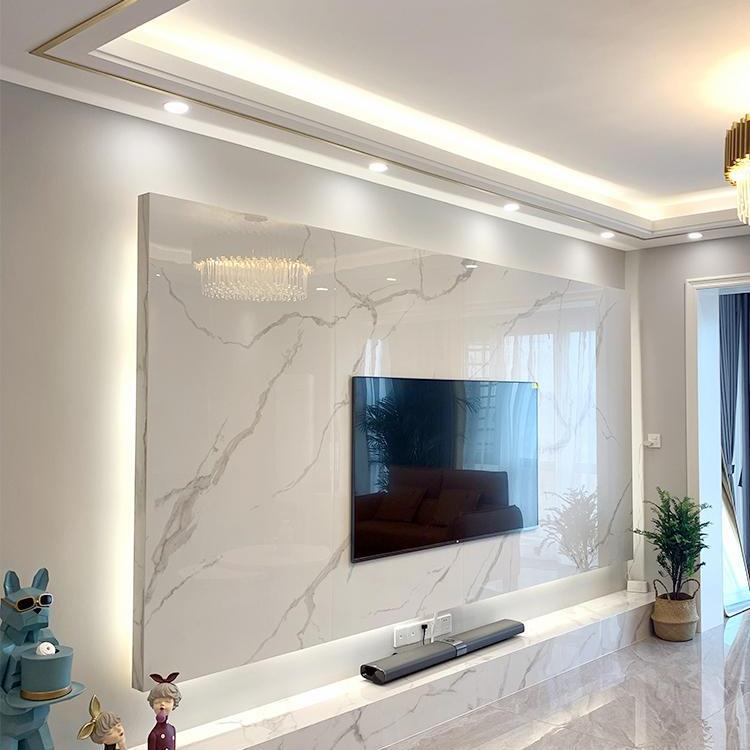 电视地台岩板影视墙电视桌格栅板微晶石亮光石材瓷砖现代悬空客厅