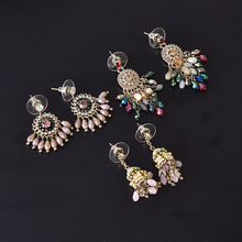 新中式复古镶钻耳环彩色流苏手工饰品小米珠灯笼耳钉时尚女生礼物