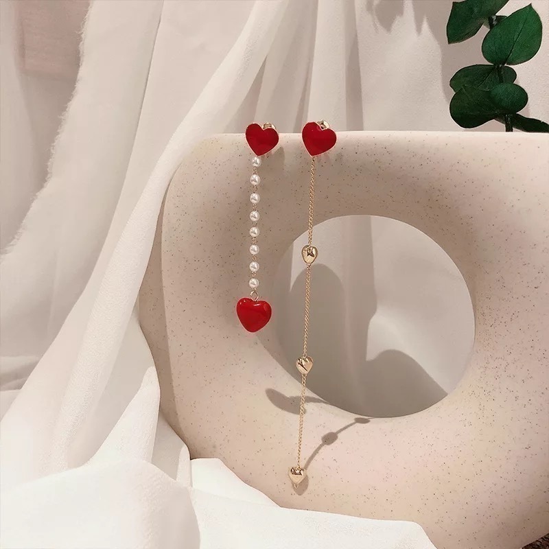 Sterling Silver Needle South Korea Dongdaemun Asymmetric Heart-Shaped Tassel Earrings Female Online Influencer High-Grade Pearl Ear Studs Earrings