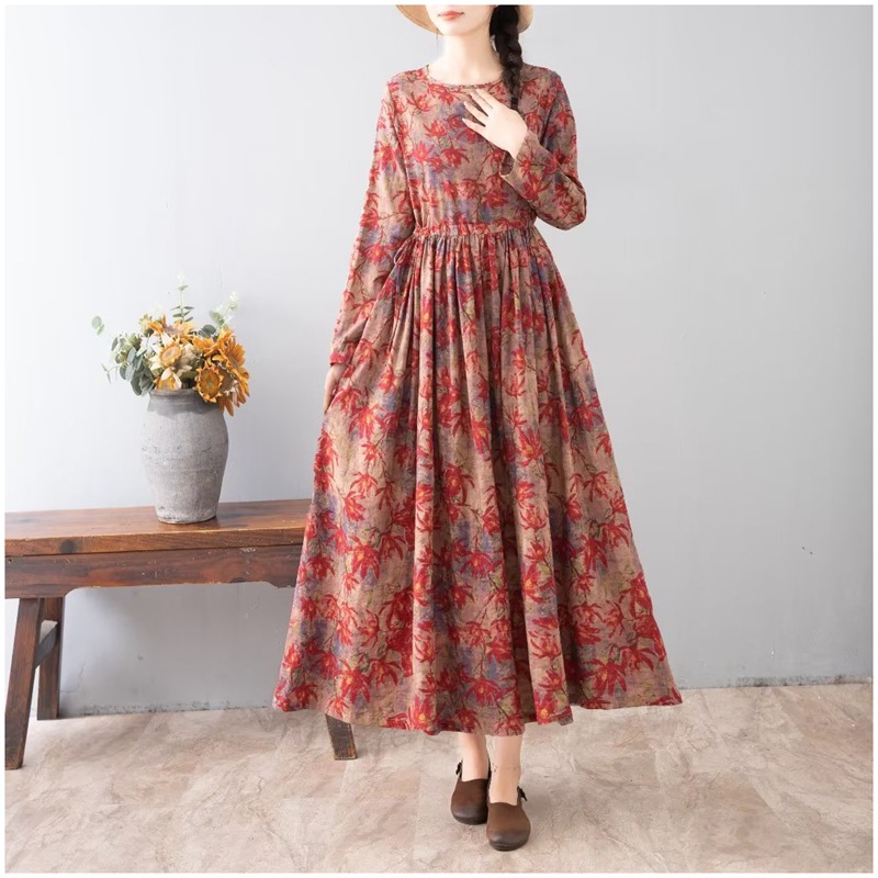 长袖圆领棉麻印花花系带连衣裙女2023秋季新款宽松休闲收腰裙长裙