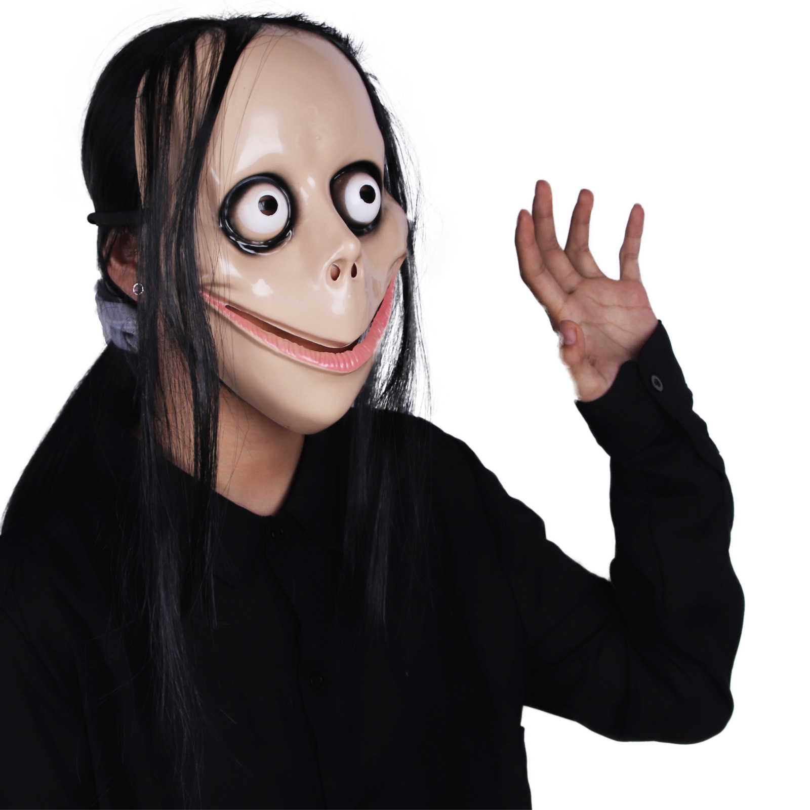 万圣节爆款momo面具 搞怪乳胶全脸长发头套scary恐怖吓人道具批发