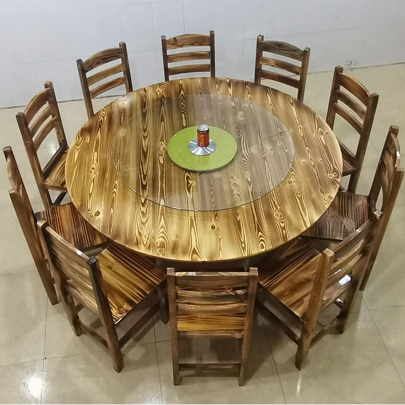 碳化实木饭店桌椅组合包厢圆台农家乐大小圆桌大排档烧烤火锅桌子