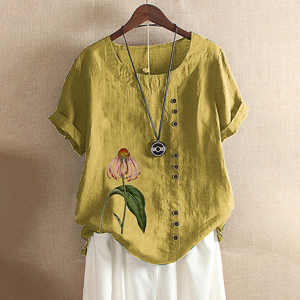 欧美女士印花纽扣棉麻上衣t恤短袖衬衣