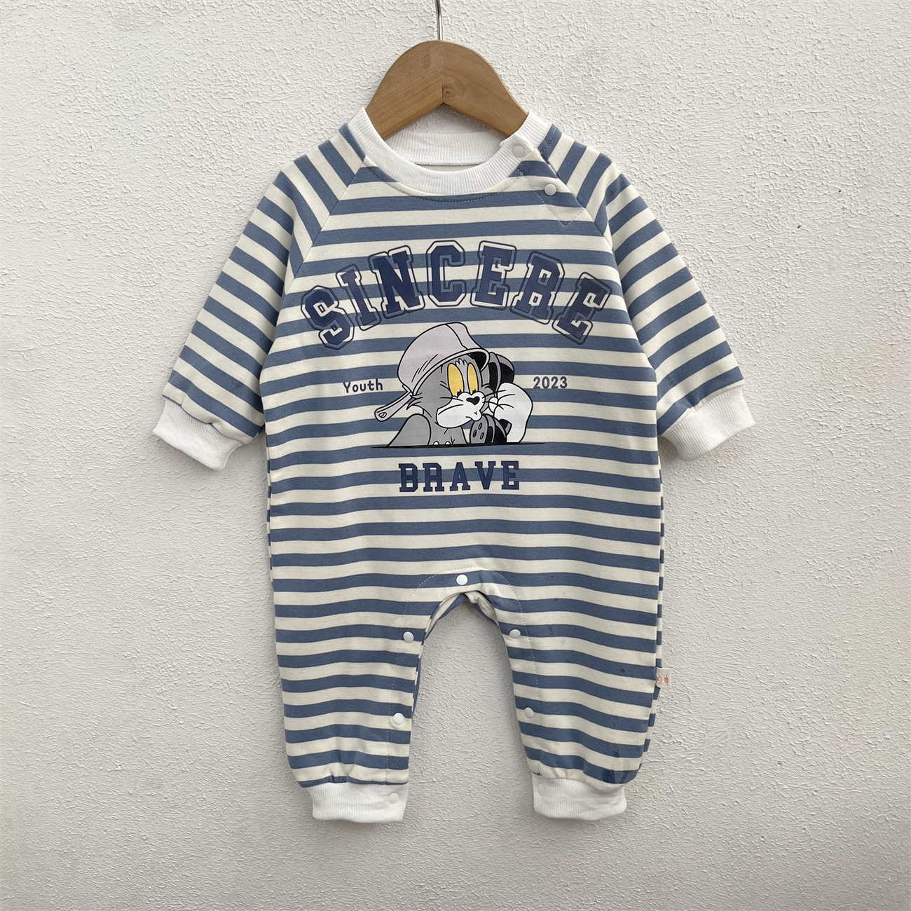 24 Spring New Clothes for Babies Blue Yarn-Dyed Weaving Strip Cotton Soft Baby Jumpsuit Romper Trendy Western Style Romper Baby Clothes