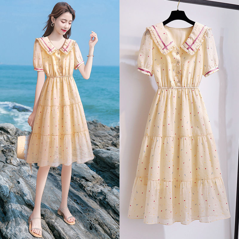 初恋系仙女碎花裙子女夏装2022新款娃娃领法式茶歇温柔雪纺连衣裙